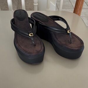 Coach Black Platform Wedge Thong Sandals with Gold Accent